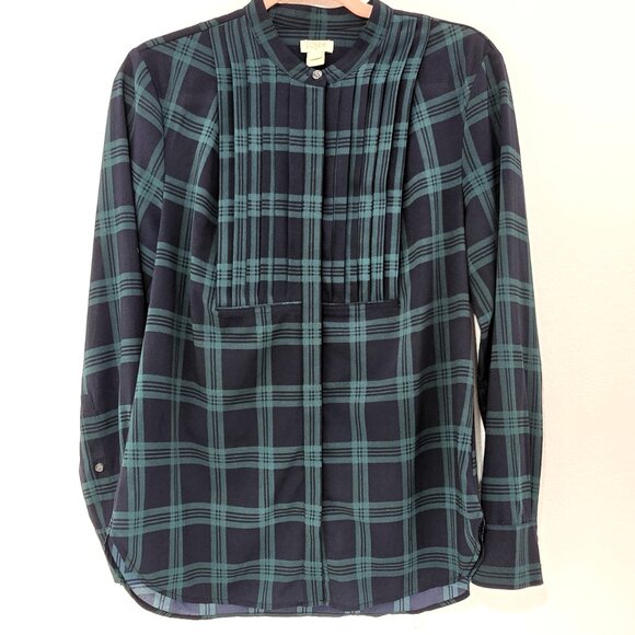 J.Crew Factory Women’s Navy Green Plaid Pleated Front Button Down Shirt Size S - Picture 3 of 9